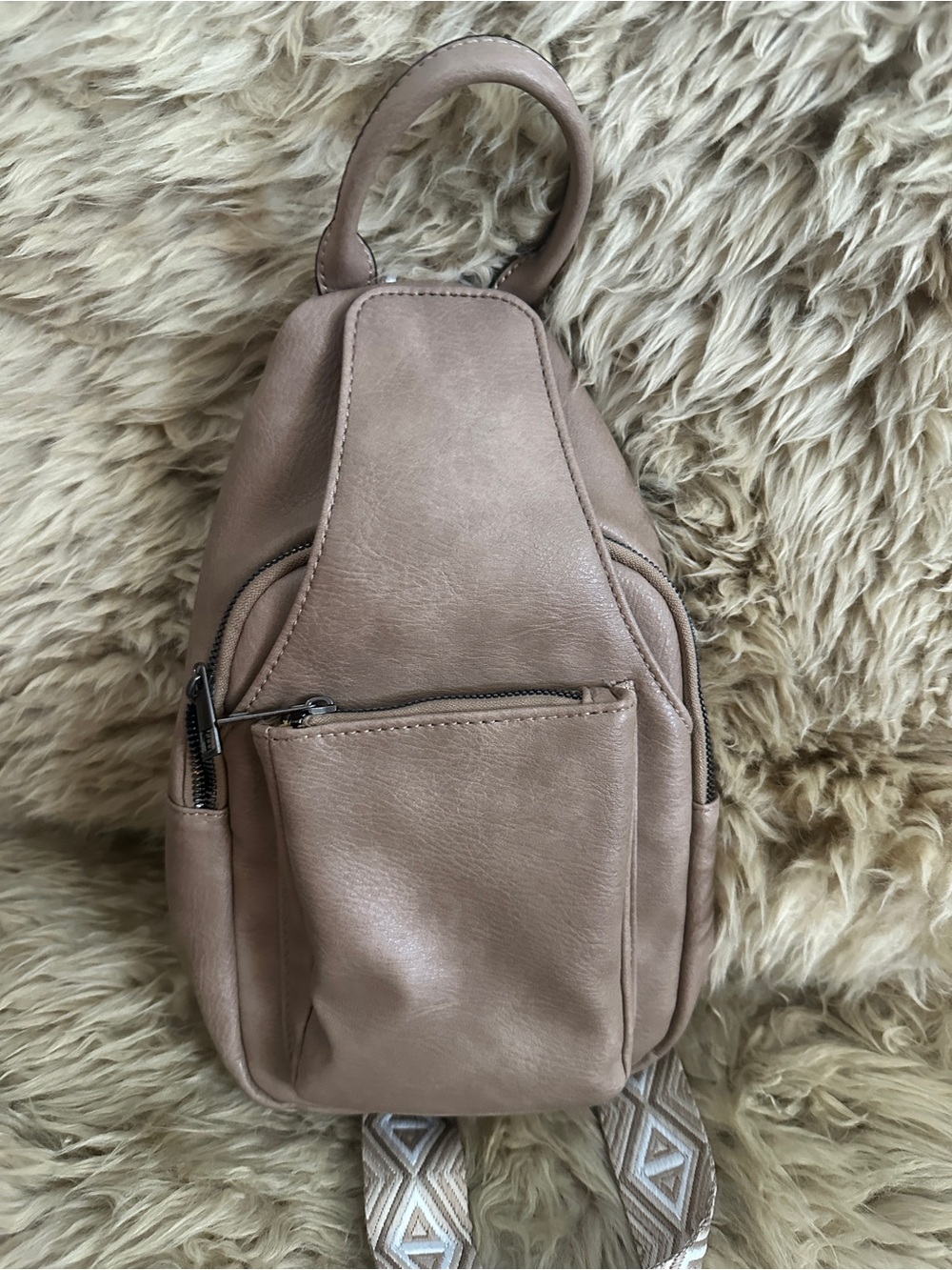 Taupe  Sling Backpack 12 x 8.  Vinyl. NWT